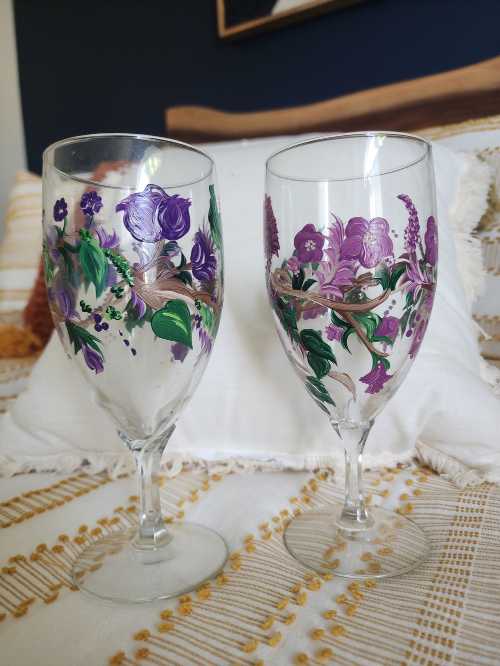 Hand-Painted Purple Floral Wine Glasses - Set of 2